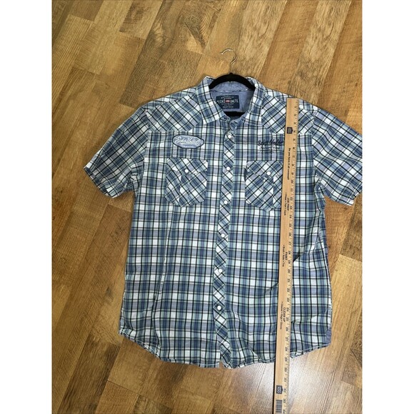 Ecko Unltd Mens XL Blue Plaid Short Sleeve Pearl‎ Snap Western Button Up Patches - Picture 12 of 14